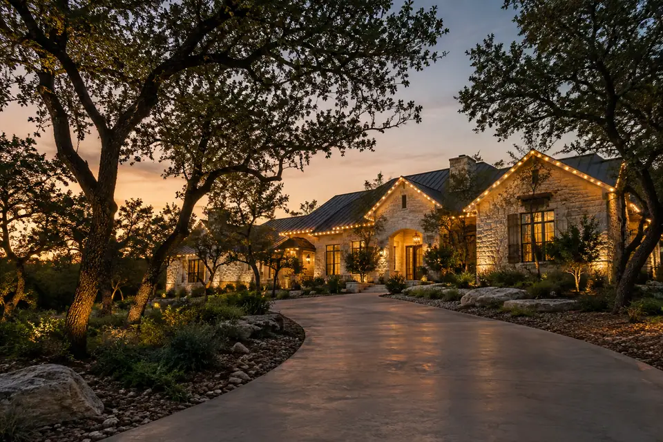 Canyon Lake home holiday lighting concept visible through scattered trees from a sloping approach