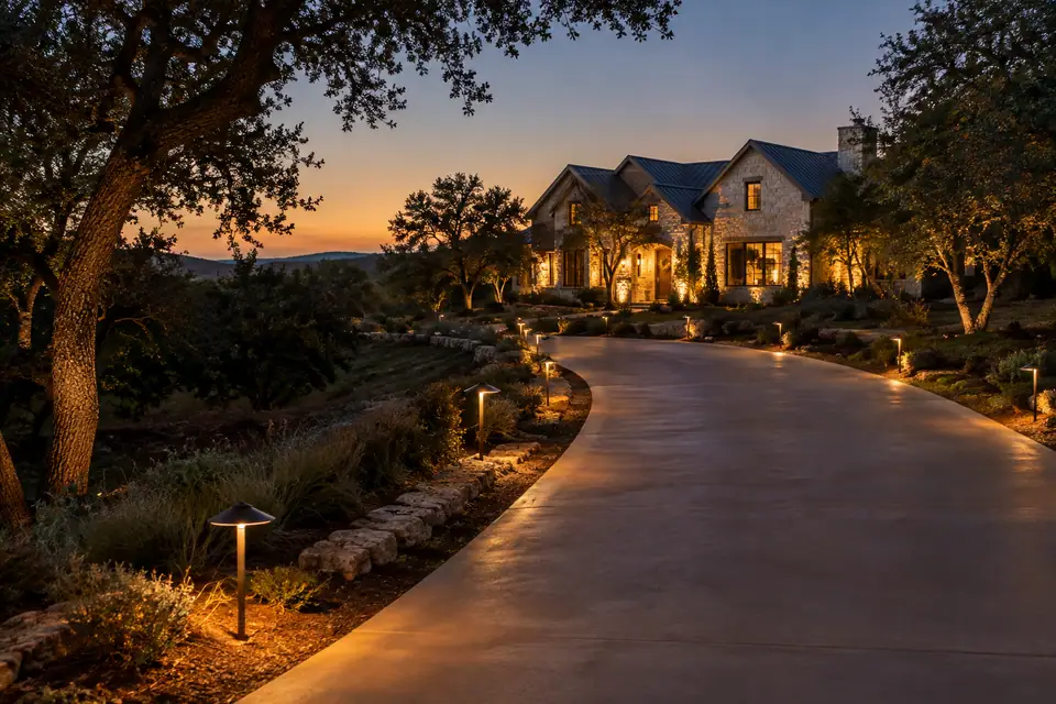 Canyon Lake Christmas driveway lighting inspiration with low lights beside a clear curved driving surface