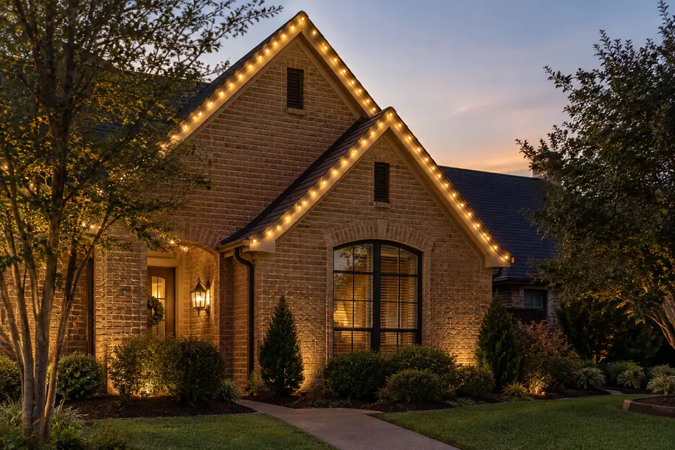 Cibolo Christmas roofline lighting concept following two visible residential gables