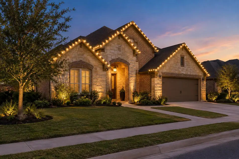 Cibolo home Christmas lighting inspiration beside a clear neighborhood sidewalk