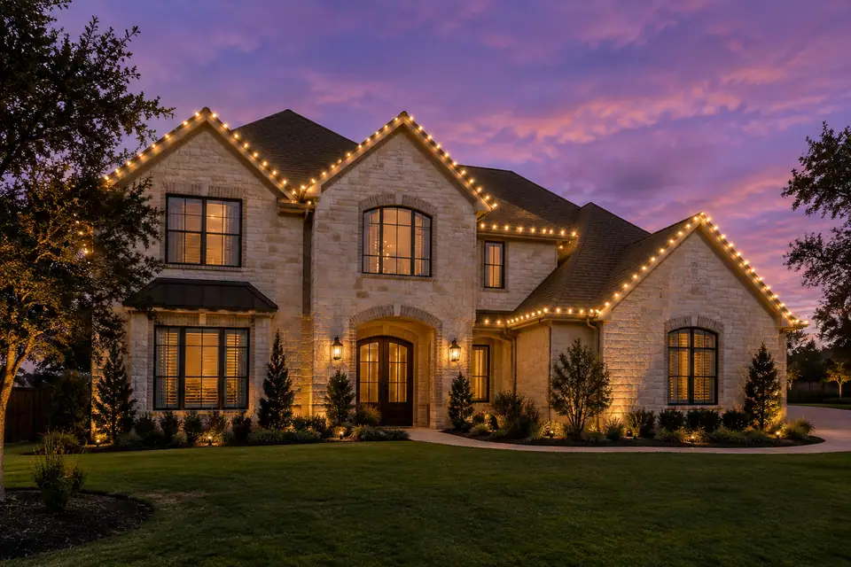 Concept image of a Texas stone home outlined in warm white lights at dusk