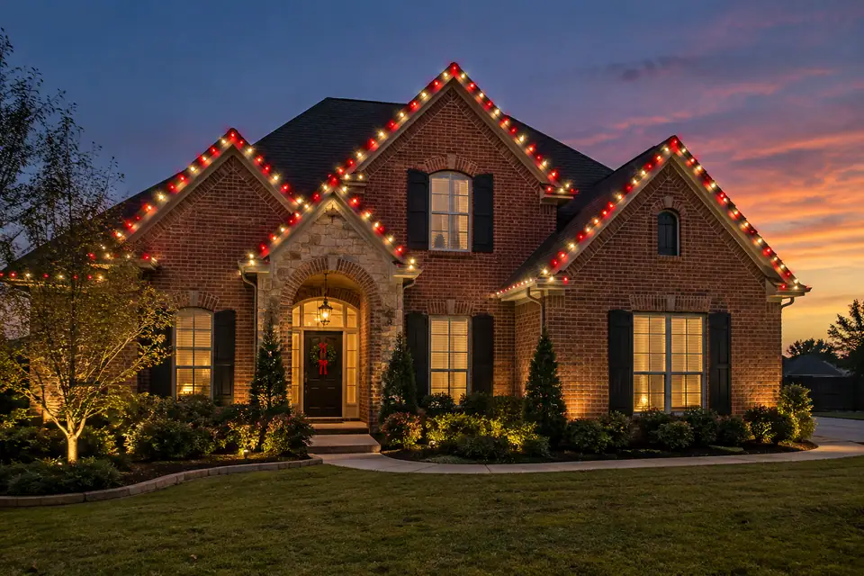 Concept image of a brick home with alternating red and warm white roofline lights at dusk