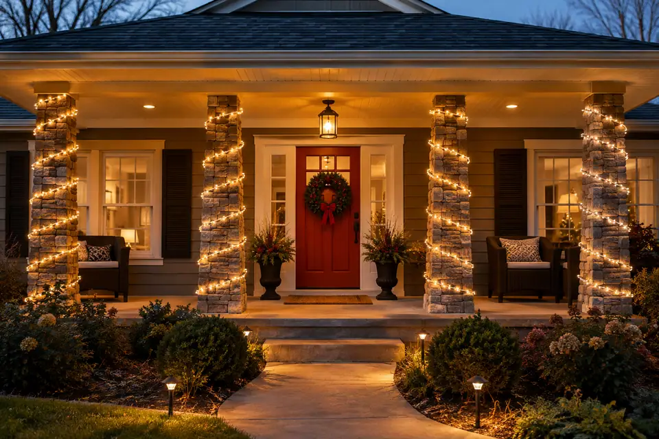Concept image of stone porch columns wrapped in warm white spiral lights around a red front door