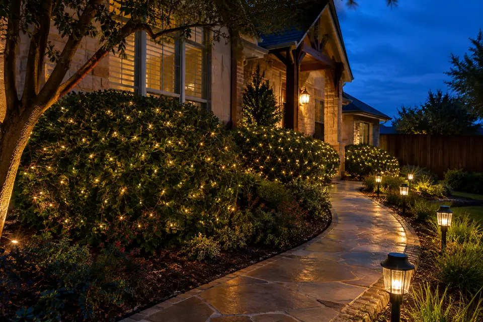 Concept image of shrubs covered in warm white lights beside a curved stone walkway lined with lantern style path lights