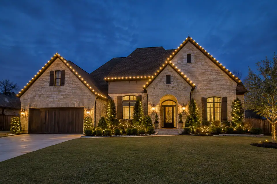 Concept image of a warmly lit Texas home related to Christmas Light Installation