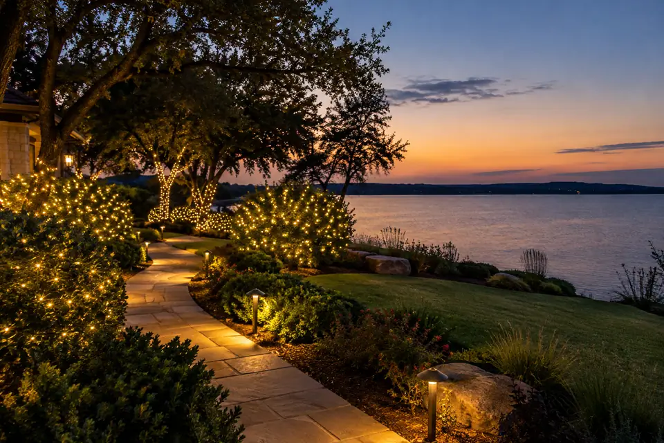 Christmas lighting inspiration for a McQueeney garden with lights kept within the residential yard