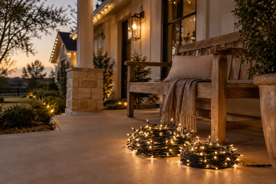 Customer supplied Christmas light strands arranged on a conceptual Seguin cottage porch
