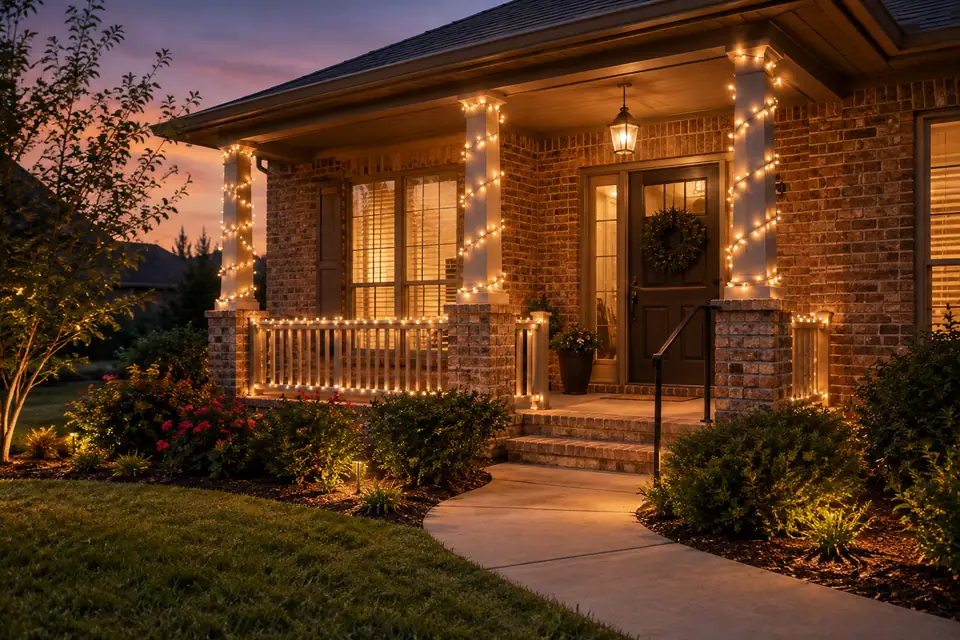 Selma holiday entrance concept with lights beside a usable railing and unobstructed front path