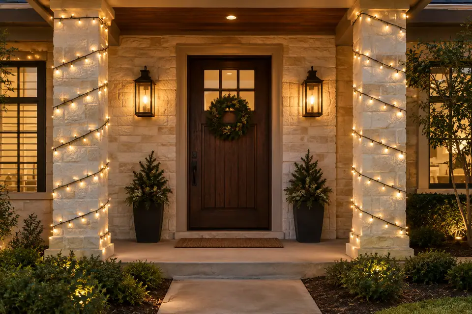 Christmas column wrapping inspiration for a Selma home with a clear central porch landing